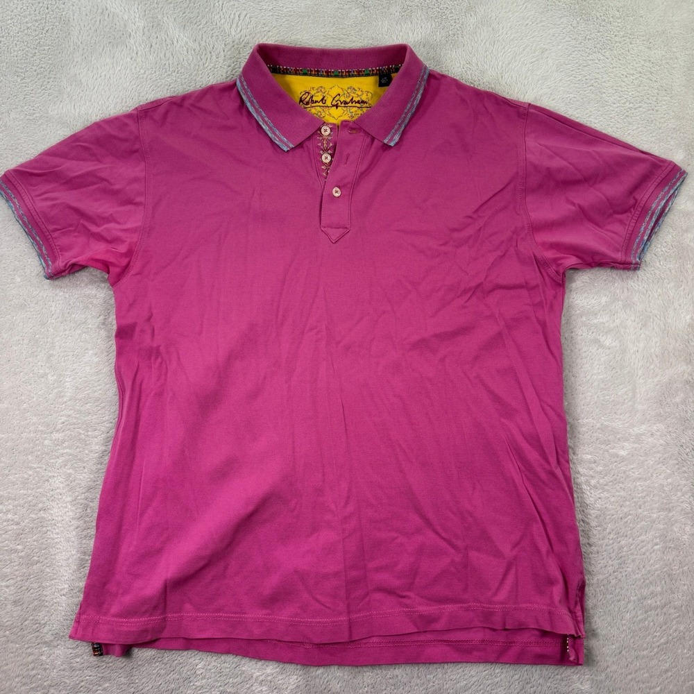 Robert Graham Mens Large Polo Shirt Embroidered Trim Details Pink Cotton Preppy
